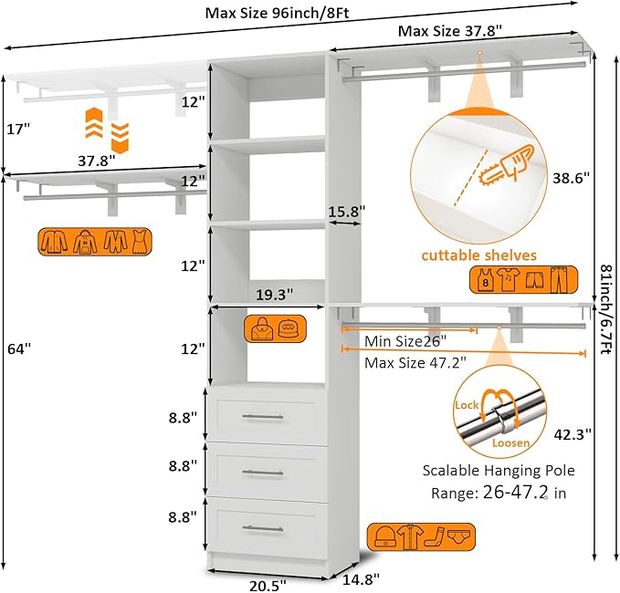 96 inch Closet System with Wooden Drawers, 5FT-8FT Closet Organizer System with Shelving Tower, Walkin Closet System with Expandable Hanging Rods & Movable Shelves, Wall Mount, 96”*14.8”*81”,White