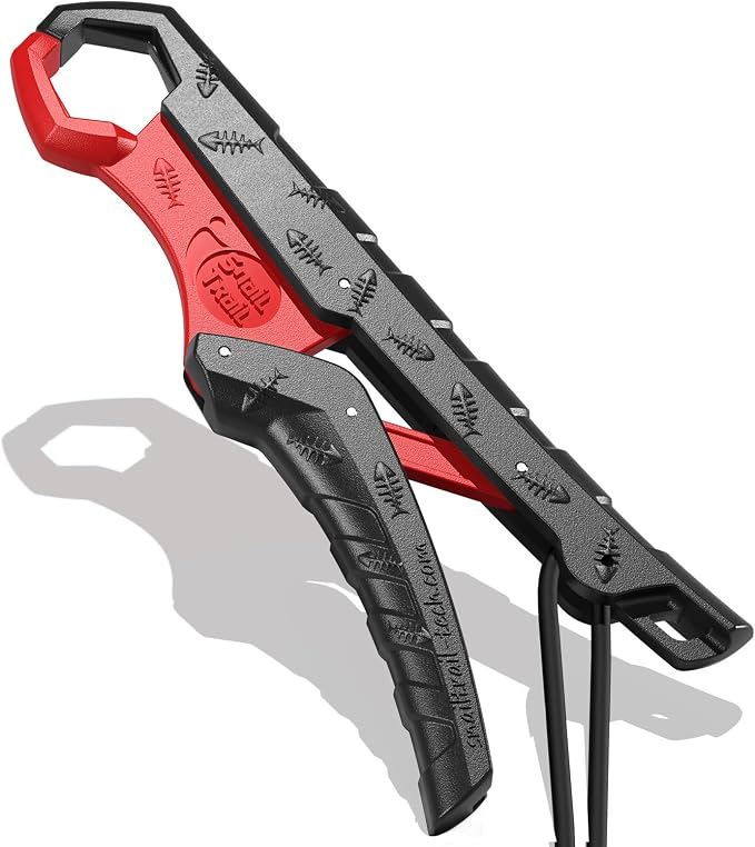 SNAIL TRAIL 7.5'' Floating Fish Gripper, Fishing Grabber, Catfish Mouth Pliers, Caught Bass Holder, Digital Scale Hook Clamp, Saltwater Lip Grip Tool with Lanyard, Gifts for Men, Black-Red