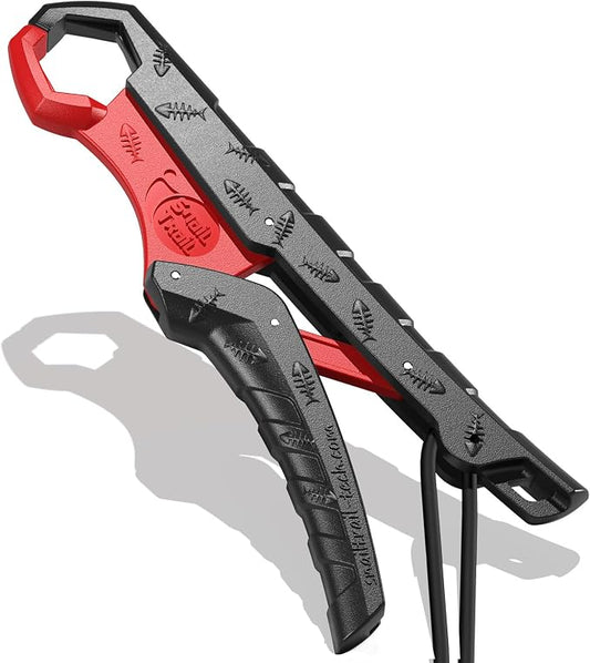 SNAIL TRAIL 7.5'' Floating Fish Gripper, Fishing Grabber, Catfish Mouth Pliers, Caught Bass Holder, Digital Scale Hook Clamp, Saltwater Lip Grip Tool with Lanyard, Gifts for Men, Black-Red