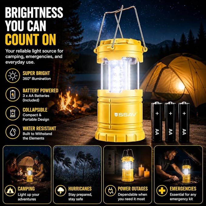 SSAV LED Camping Lantern, Emergency Lanterns for Power Outages & Hurricane Preparedness, Collapsible Portable Survival Lights for Camping, Storms & Emergencies, Batteries Included (2, Yellow)
