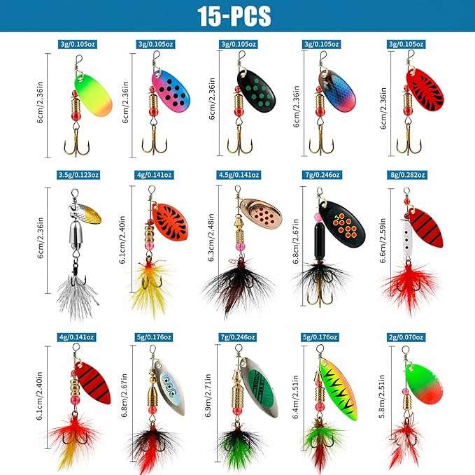 Fishing Spinner Lures Kit 10/15/16/20PCS, Inline Spinner Baits with Treble Hooks and Feather Tails, Metal Fishing Lures for Trout Bass Salmon Panfish, Multi-Color Freshwater Fishing Tackle Set