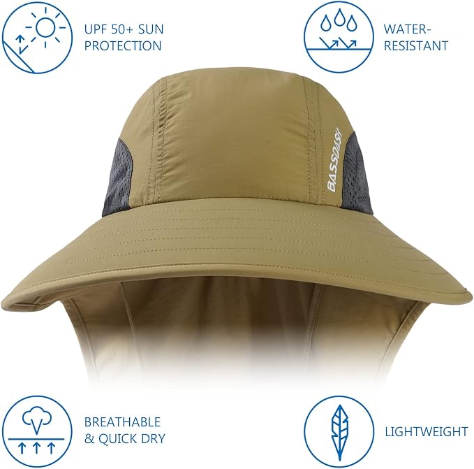 BASSDASH UPF 50+ Unisex Water Resistant Wide Brim Sun Hat with Large Neck Flap Ponytail Fishing Hat for Men Women