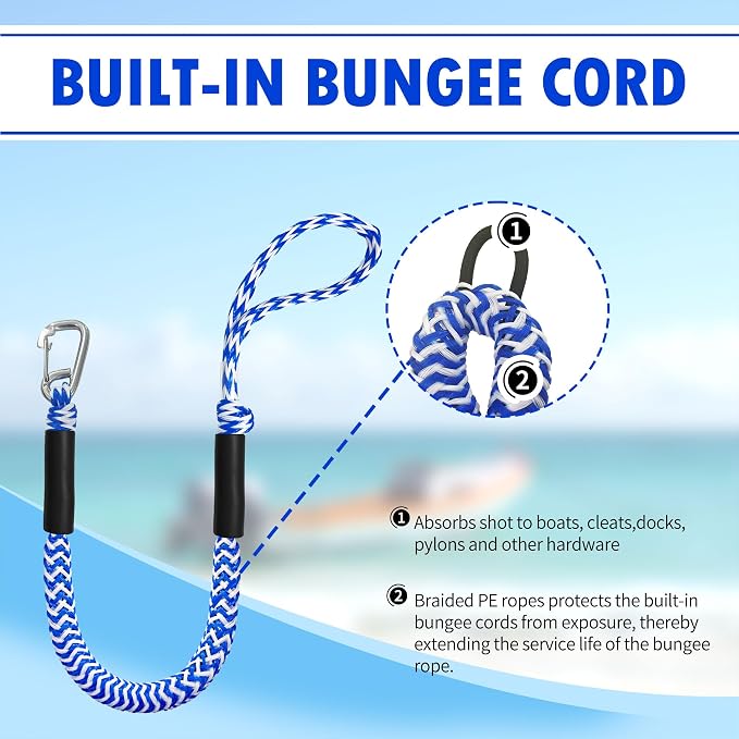 Boat Bungee Dock Lines – Adjustable Boat Tie Downs for Pontoon, Jet Ski, PWC, Kayak | Single Hook Small Cruiser Mooring Lines | (2, Blue & White, 3 Feet)