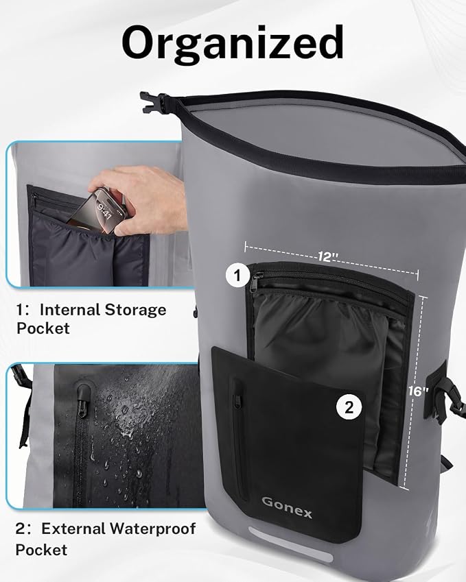 Gonex Ultralight Waterproof TPU Backpack, 55L Roll Top Dry Bag with Comfortable Padded Back Panel for Kayaking Boating Camping Fishing Travel,Grey