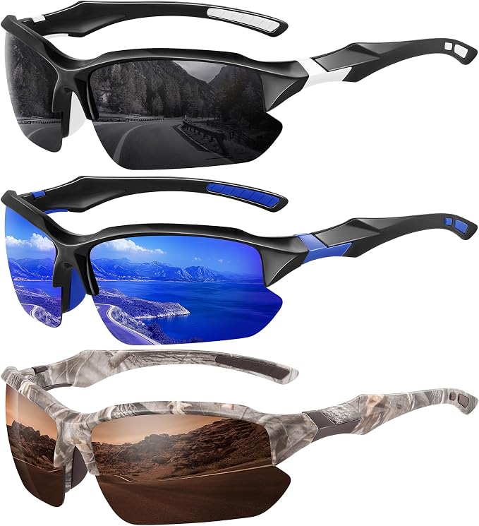 XVXV 3 Pack Polarized Sports Sunglasses for Men, UV Protection Half Frame Sunglasses Comfortable for Running Cycling Driving
