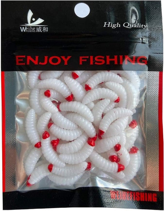 50PCs 2.4cm Maggot Soft Baits, Fresh Water Fishing Bait, Soft Fishing Lures, Bass Fishing Worms, for Lake Fishing Freshwater Saltwater Lake Ice Sea Fishing, Mackerel, Mullet
