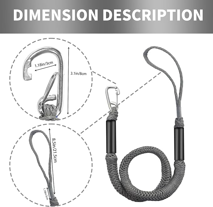 Bungee Dock Line with Stainless Steel Clip – Boat Dock Rope with Foam Float for Kayak, Canoe, Pontoon, Watercraft, SeaDoo, Docking – 4–5.5 ft, 2 Pack（Grey）
