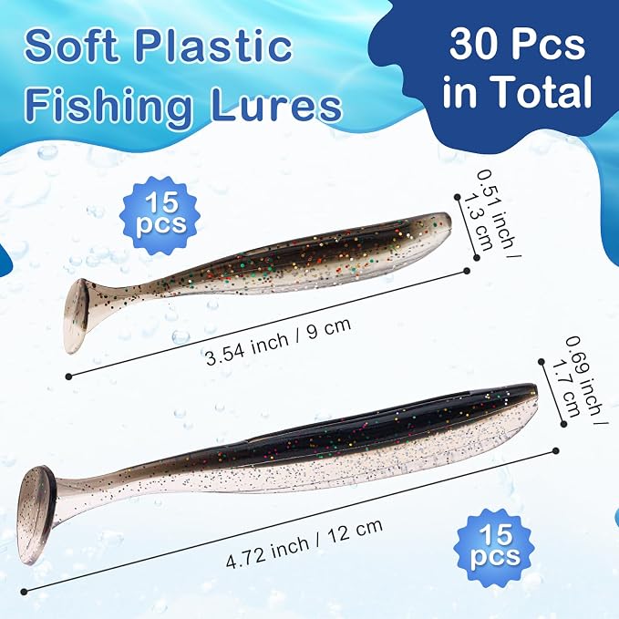 30pcs Soft Plastic Fishing Lures Paddle Tail Swimbaits Soft Baits Lure for Bass Crappie Trout Shad Freshwater Saltwater Fishing Mixed 3.5 Inch 4.7 Inch Swim Bait Kit with Box
