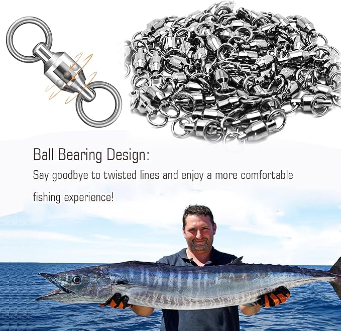 AMYSPORTS Barrel Ball Bearing Swivel Saltwater Rolling Fishing Swivels Stainless Steel High Strength Connector Bearings Solid Welded Rings Black Nickel