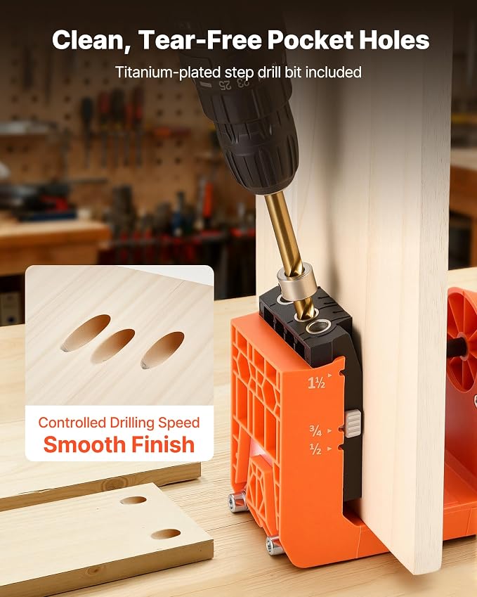 VEVOR Pocket Hole Jig Kit, 1/2", 3/4", 1-1/2" Adjustable, 360° Rotating Handle, Jig Pocket Hole System with 260 Screws, C-Clamp, Stop Collar, Drill Bit, Easy Clamping and Adjusting, for Woodworking