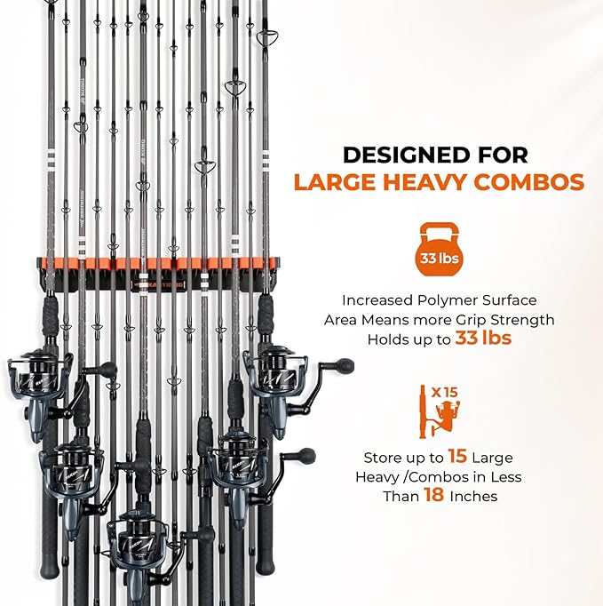 KastKing V15HD Heavy Duty Vertical Fishing Rod Holder – Wall Mounted Fishing Rod Rack, Store 15 Large Rods or Fishing Rod Combos in 18 Inches, Great Fishing Pole Holder and Rack, 1 Pack
