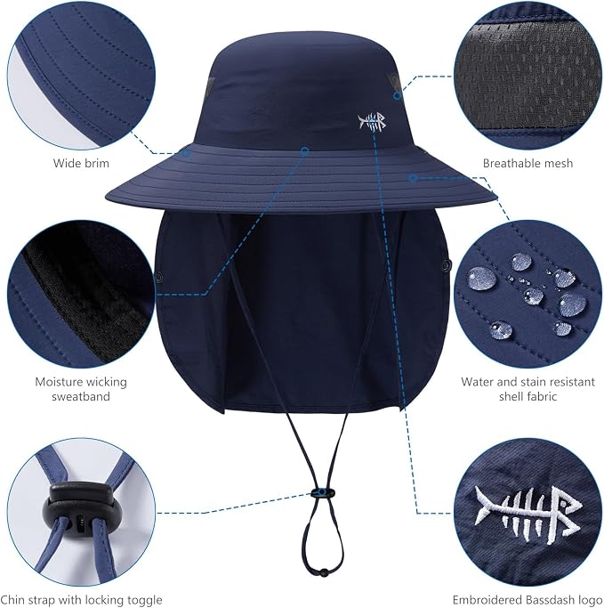 BASSDASH UPF 50+ Breathable Sun Hat with Removable Face Cover and Neck Flap Wide Brim Bucket Hat for Fishing Hiking Men Women