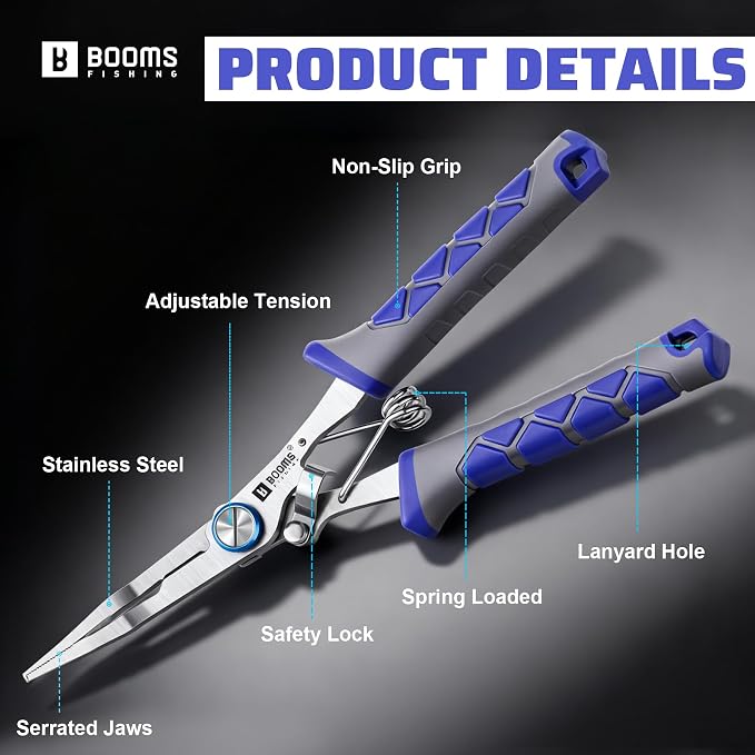 Booms Fishing Pliers Stainless Steel: 6.5" Split Ring Pliers - Braided Line Cutter & Scissors with Lanyard - Fish Hook Remover Tool for Saltwater and Freshwater - Fishing Tools for Angler, XW13