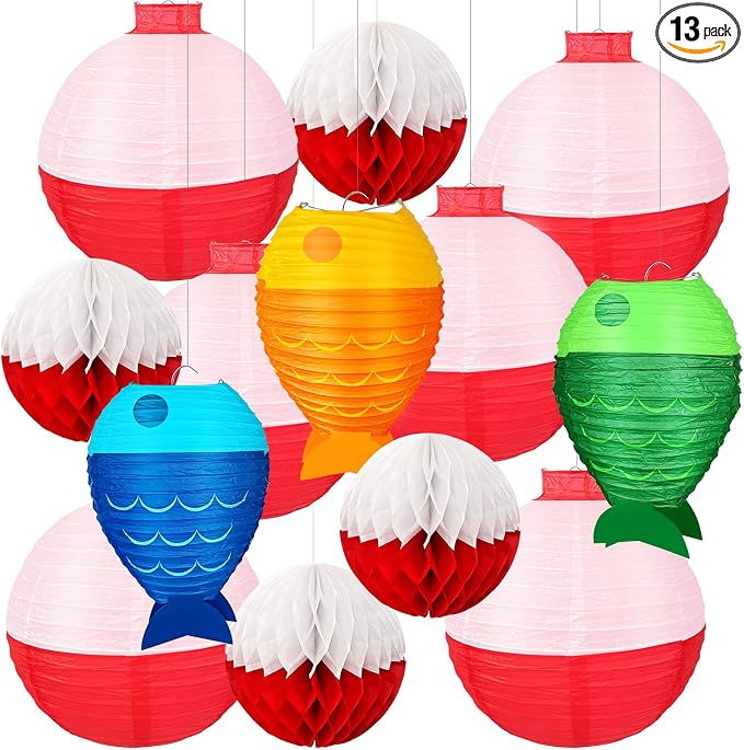 13pcs Fishing Bobber Paper Lanterns Hanging Fish Shaped Lanterns Honeycomb Ball Decorations Red and White Paper Lanterns for Fishing Themed Party Decorations Birthday Decor Supplies.