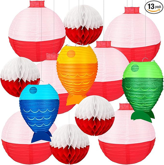 13pcs Fishing Bobber Paper Lanterns Hanging Fish Shaped Lanterns Honeycomb Ball Decorations Red and White Paper Lanterns for Fishing Themed Party Decorations Birthday Decor Supplies.