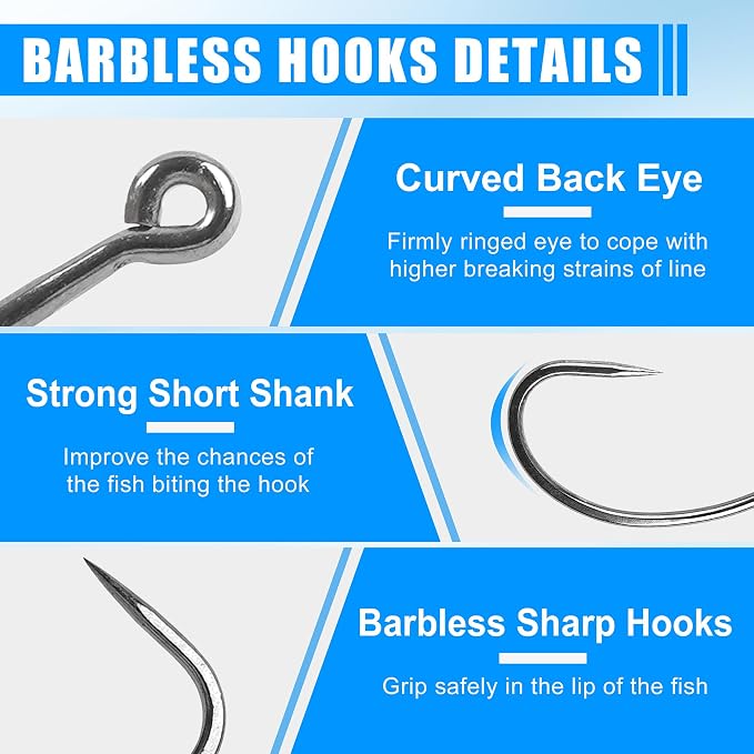 175pcs Barbless Fishing Hook Kits,Small Size Carp Fishing Hooks Curve Shank Crank and Wide Gape Fly Tying Hooks Circle Hook with Tackle Box Size 2#,4#,6#,8#,10#