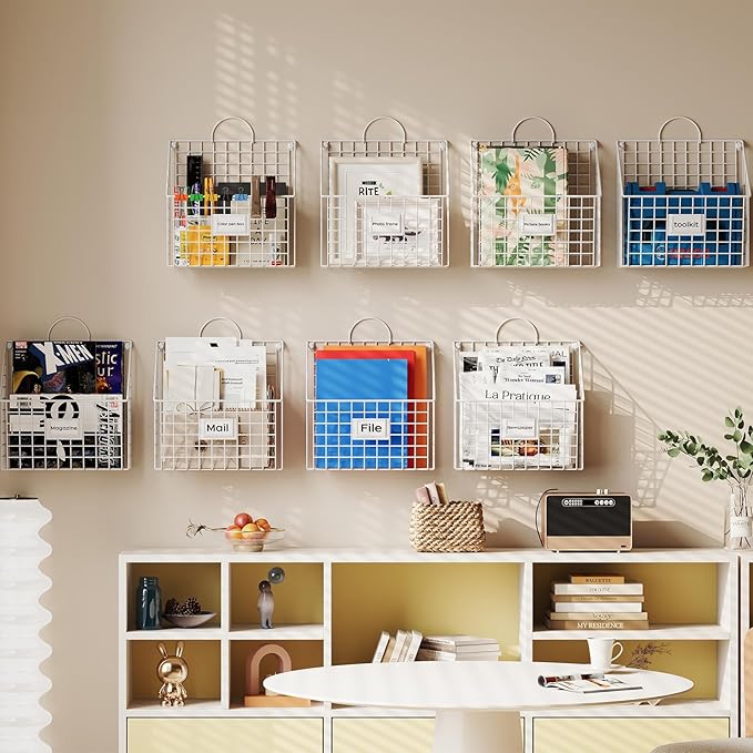 Wall File Organizer Metal Hanging File Organizer,Wall Mount File Holder, Magazine Rack and Mail Holder with Hooks for Home Office, 4 Packs, White(Patent Pending)