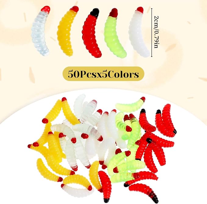 Giantree 50 Pcs Soft Silicone Maggot Worm, Soft Maggot Baits Fake Bread Worms, Fake Worms, Fishing Bait Plastic Fresh Water Fishing Lures Soft Maggot Baits Rubber Maggots Fishing Bait for Trout