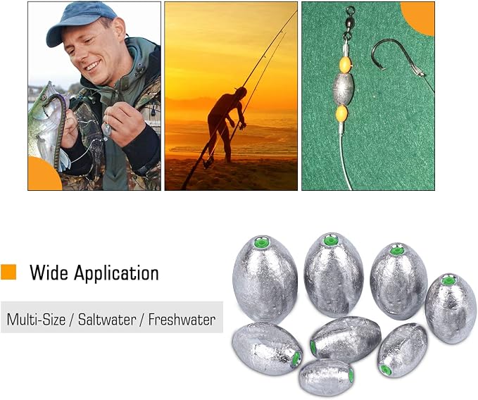 Atibin Removable Egg Lead Fishing Sinkers Saltwater Fishing Oval Sinkers Shot Drop Weight Sinker Set 1/10oz-10oz