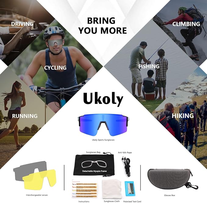 Ukoly Cycling Sunglasses for Men Women with 3 Interchangeable Lenses, Polarized Sports Sunglasses, Baseball Sunglasses