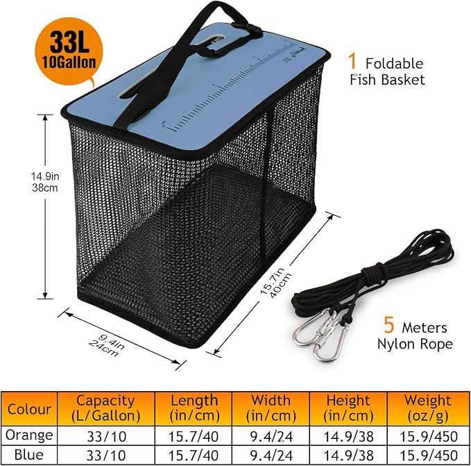 Dovesun Floating Fishing Basket, Collapsible Fish Basket Portable Fishing Net Quick-Drying Rubber Coated Fishing Bait Storage Cage 3.5-10 Gallons