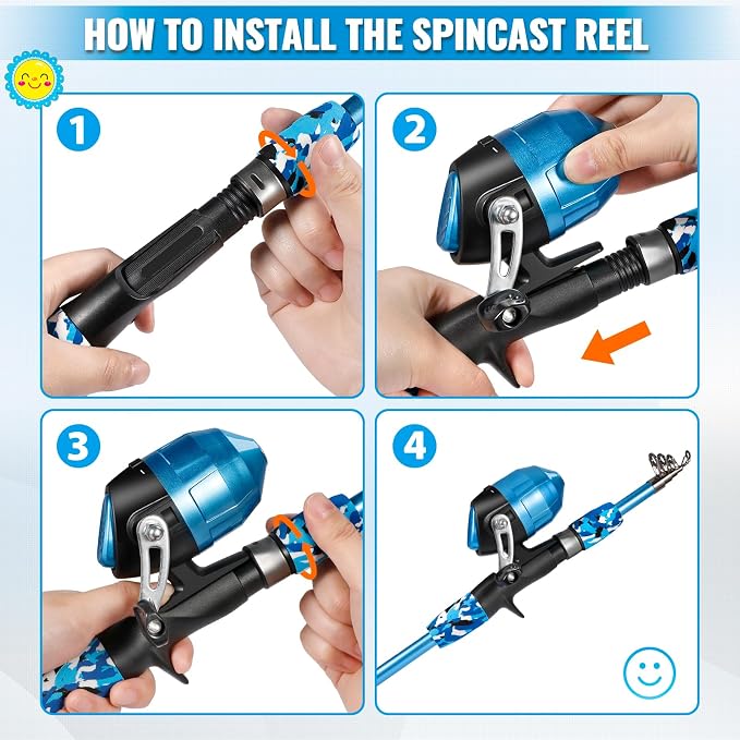 PLUSINNO Kids Fishing Pole with Spincast Reel Telescopic Fishing Rod Combo Full Kits for Boys, Girls, and Adults