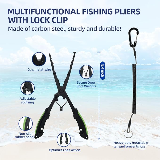 RAWILL Fishing Kit,Filleting Knife,Hook Remover,Fish Grip, Line Cutter,Fishing Scale, Pliers with Lanyards,Not Include Batteries