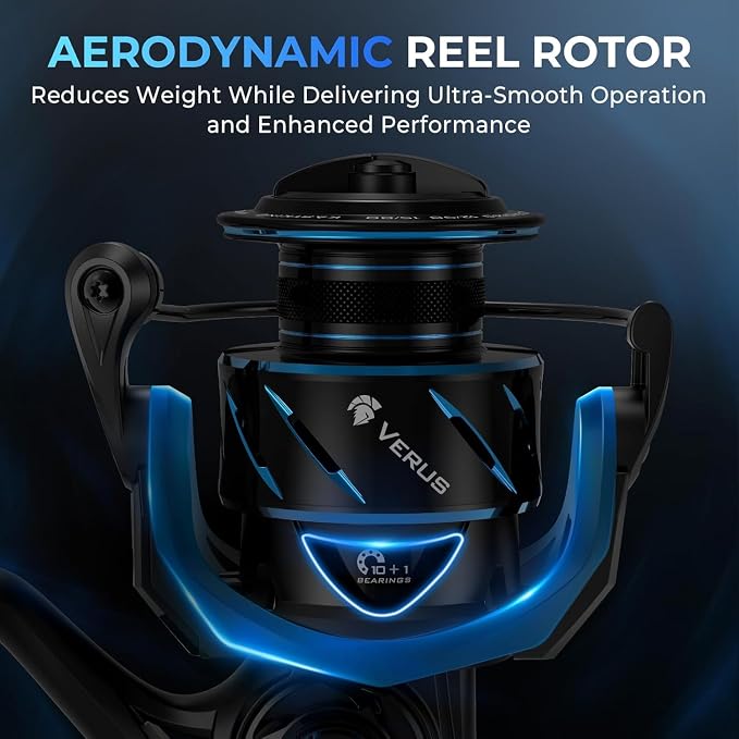 KastKing Verus Spinning Reel, Ultra-Lightweight 5oz Fishing Reel, 5.2:1/6.2:1 Gear Ratio, Aerodynamic Reel Rotor, 10+1 Stainless Steel Bearings, Lightweight Nylitech Body&Rotor, Carbon Fiber Drag