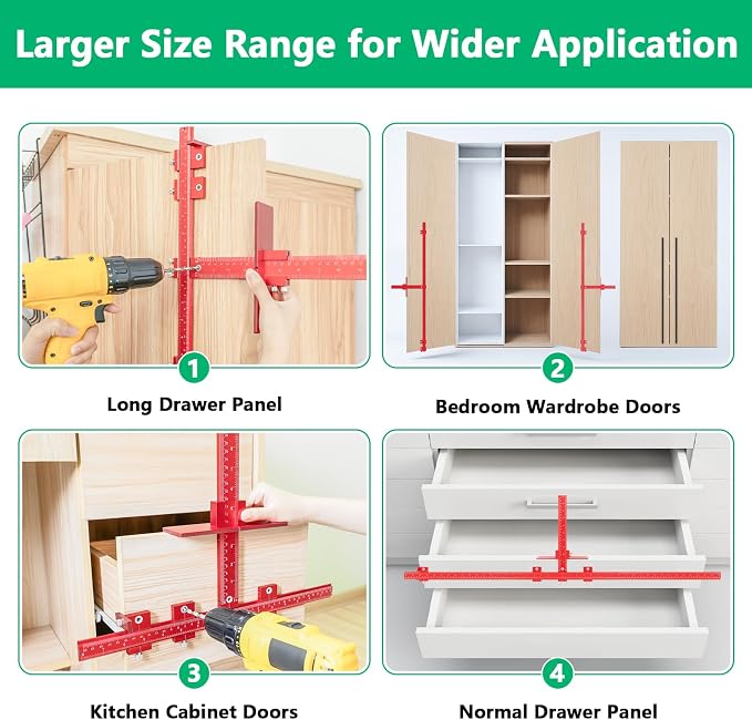 44" & 16" Max Cabinet Hardware Jig Kit, Cabinet Handle Jig and Auto Center Punch, Aluminum Alloy Cabinet Handle Template Drill Guide, Cabinet Pull Jig for Long Handles/Knobs/Pulls, Drawer/Door