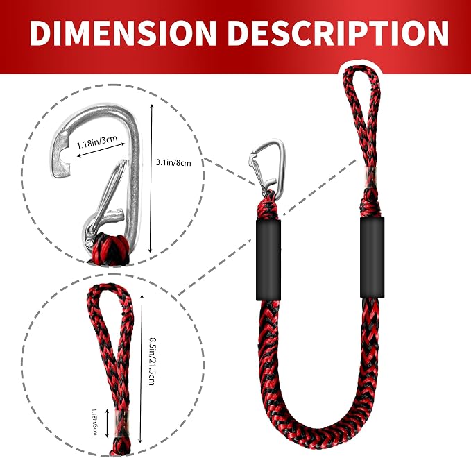 Bungee Dock Line with Stainless Steel Clip – Boat Dock Rope with Foam Float for Kayak, Canoe, Pontoon, Watercraft, SeaDoo, Docking – 4–5.5 ft, 2 Pack（Red&Black）
