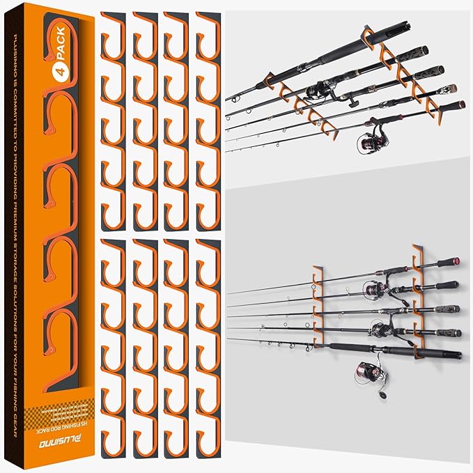 PLUSINNO H5 Horizontal Fishing Rod/Pole Holders for Garage, Wall Ceiling Mounted Fishing Rod Holder, Aviation Aluminum Fishing rod rack Holds up to 5/10/20 Rod or Combos Fishing Gear and Gifts for Men