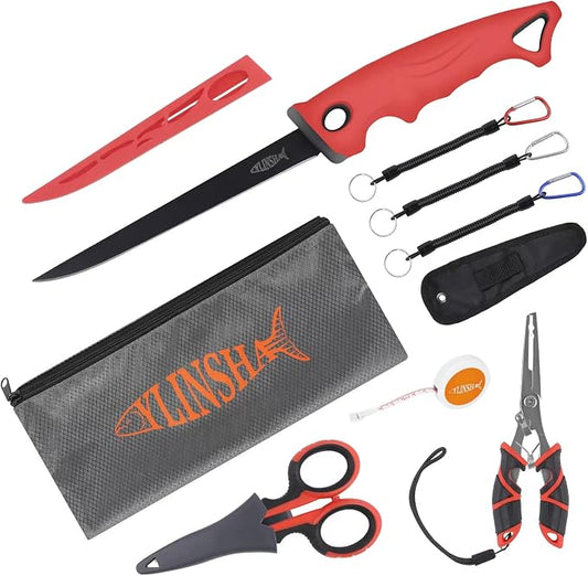 Fishing Tool Kit Fillet Knife Fishing 8pack Including Fishing Knife Fishing Scissors Fishing Pliers Saltwater Fish Measuring Ruler,Anti-Lost Lanyard Waterproof Storage BagTackle Accessory Kit