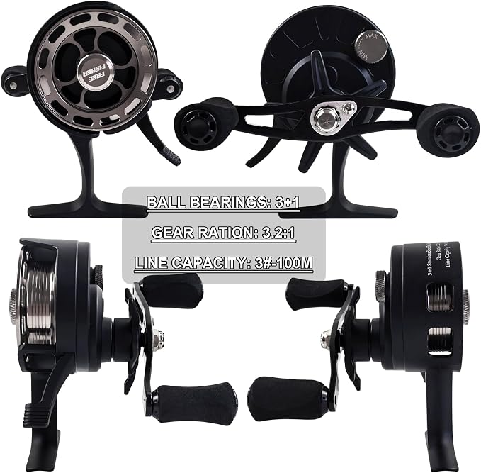 Ice Fishing Reels 3.2:1 Gear Ratio Ultra Smooth 3+1Ball Bearings Strength CNC-machined Aluminum Inline Ice Fishing Reel with Left/Right Hand Retrieve