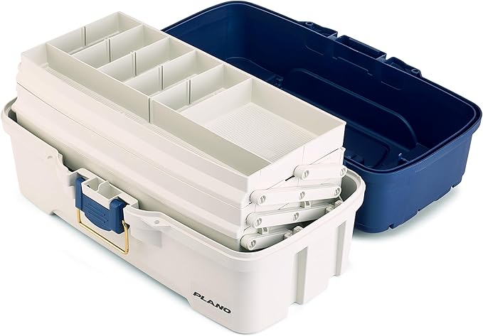 Plano Three-Tray Tackle Box Striper Kit, Blue/Grey, Rust-Proof Brass Latch, Top-Access Tray Compartments with Deep Storage, Made in the USA, Portable Fishing Gear Storage Organizer