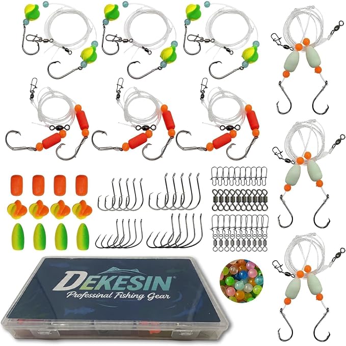 9-Pack Hand-Tied Pompano Rigs - 50lb Surf Fishing Rigs with 104pc DIY Tackle Refill Kit, Tide Card - Pre-Rigged for Pompano, Redfish, Flounder - Gift for Men Dad