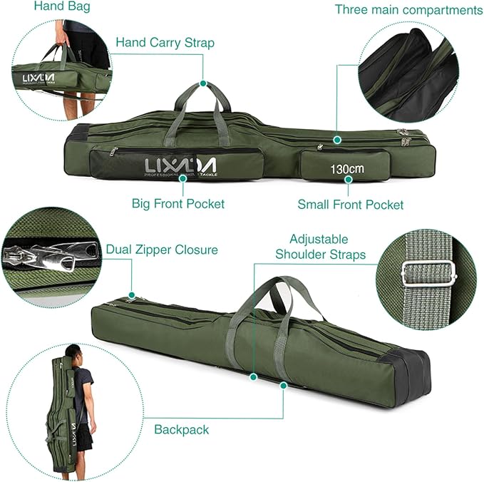 Lixada Fishing Rod Case, 3 Layers Oxford Fishing Rod Bag, Portable Foldable Fishing Pole Bag, Fishing Rod Carrier Fishing Tackle Storage Bag Travel Carry for Fishing Gear & Equipment