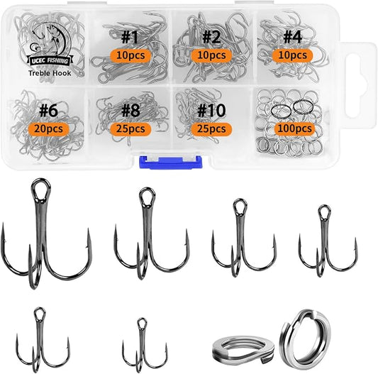 UCEC Fishing Hooks Treble Hooks Kit for Saltwater Freshwater, High Carbon Steel Strong Sharp Round Bend for Catfish Trout Hard Baits Lures, Size #1#2#4#6#8#10#12#14 110/50/210 Pack with Split Rings