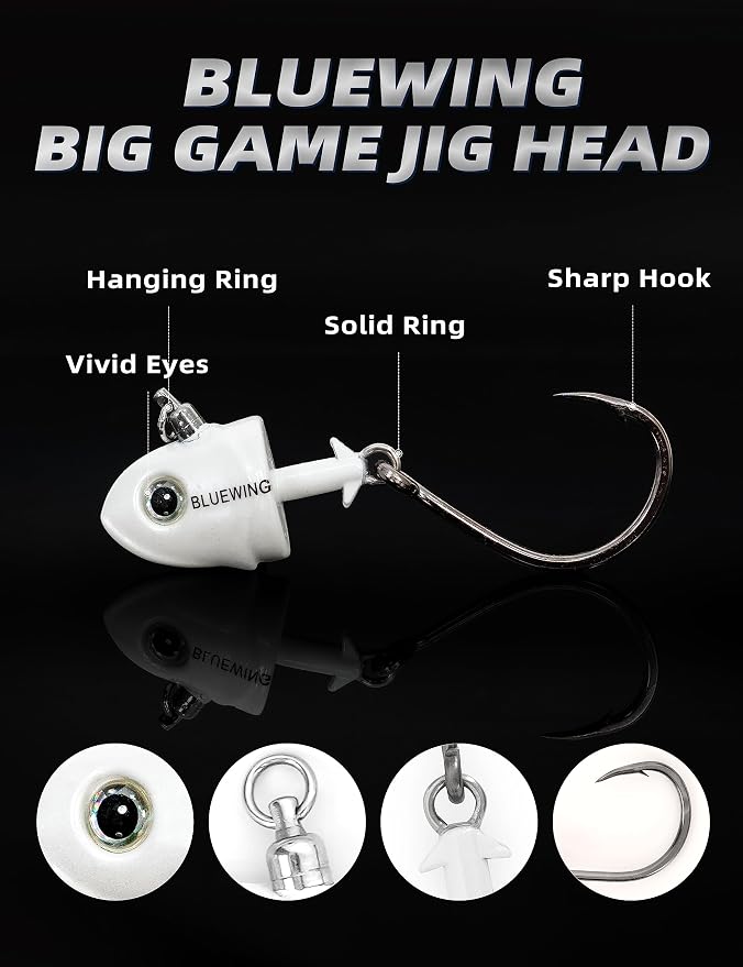 BLUEWING Jig Heads Saltwater 2oz,3oz,4oz,5oz,6oz,7oz Swimming Jigheads 1pc with High Carbon Steel Swing Hook and 6in/9in Replacement Tail Big Game Fishing Lures