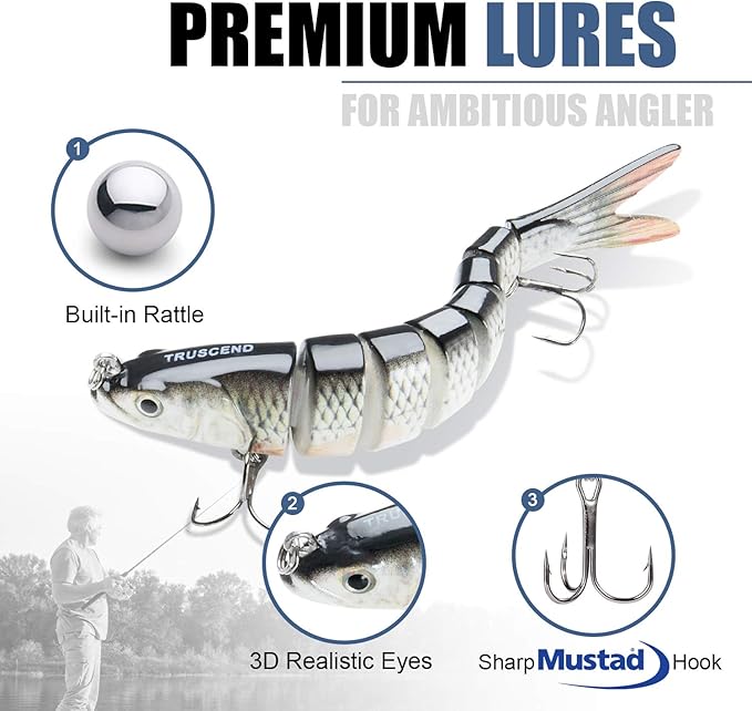 TRUSCEND Swimmax Easy Catch Fishing Lures with BKK Hooks, Wiggling, Vibrating, Rattling and Gurgling for More Bite, Heavy-Duty Dyneema Fiber Jointed Swimbaits for Bass, Trout, Walleye, Crappie, Pike