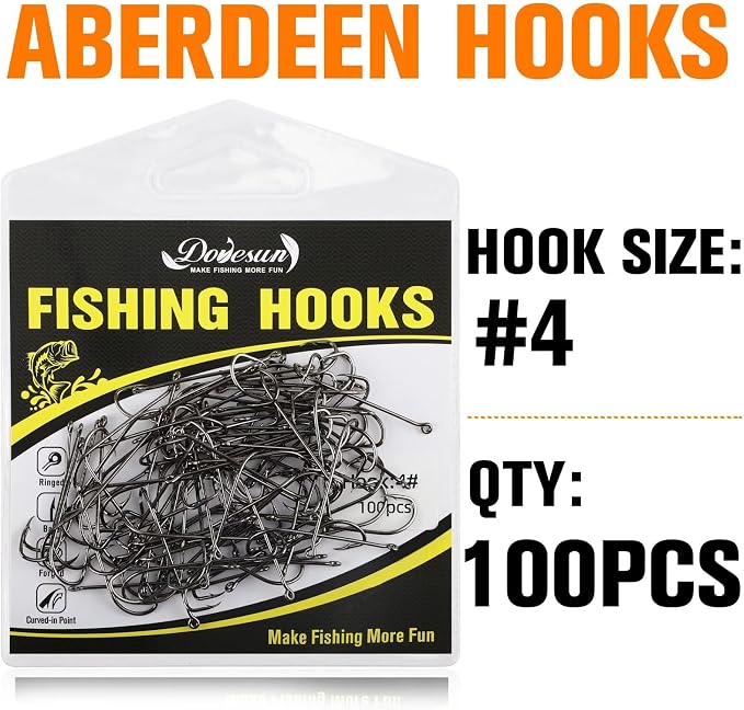 Dovesun Fishing Hooks Freshwater Aberdeen Fishing Hooks 100Pcs Long Shank High-Carbon Steel Worm Hooks Small Bass Trout Crappie 12# 10# 8# 6# 4# 2# 1# 1/0 2/0
