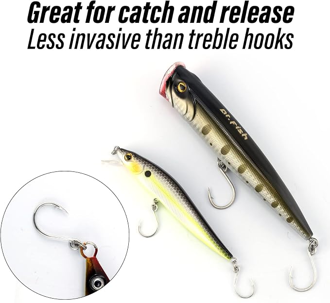 Dr.Fish 30 Pack Single Replacement Hooks for Hard Lures Inline Fishing Hooks High Carbon Steel Spinner Jerkbait Crankbait Popper Walking Bait Plugs