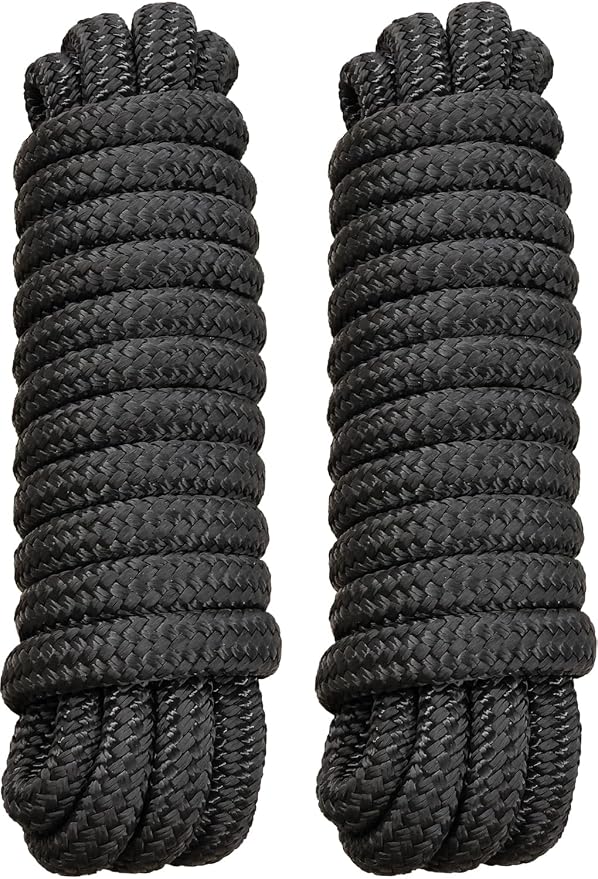 2 Pack 5/8" x 20' Dock Lines - Marine Grade Nylon Boat Rope with 15" Loop for Docking and Mooring - Double Braided Boat Lines, High Strength, Easy Handling, Fray Resistant - Black