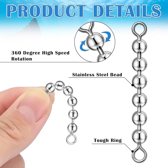 Soulchen 30 Pack Fishing Bead Chain Swivels Set, 3 Size Stainless Steel Catfish Trolling Swivels High Speed Fishing Tackle Rig Gear for Freshwater Saltwater, 4/6 Bead 1/8'', 3/16'', 3/16''