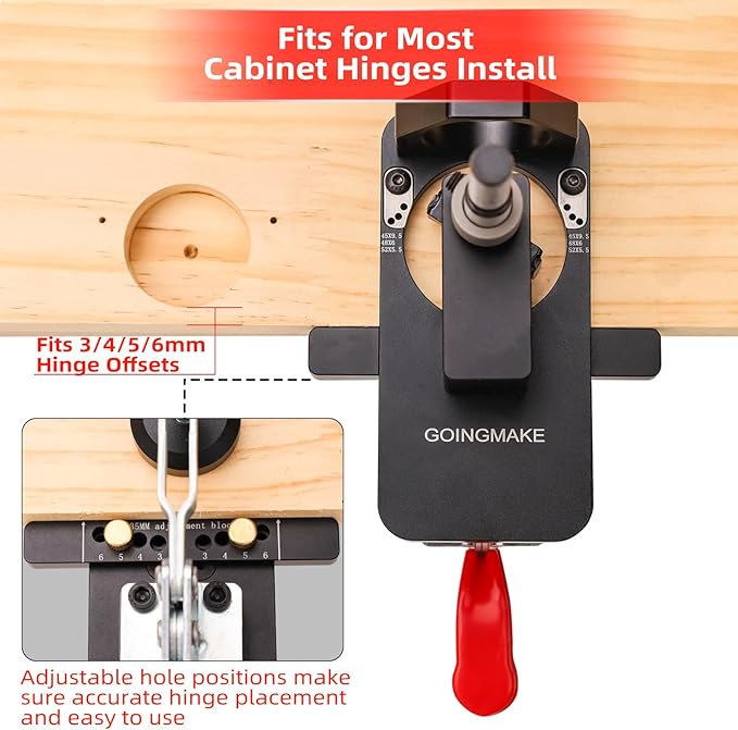 GOINGMAKE Compact Metal Concealed Hinge Jig with Quick Clamp,35mm Cabinet Hinge Jig with Dust Adapter for Cabinet Hinge Mounting,Woodworking Cabinet Door Hinge Jig Drill Guide Cabinet Hardware Jig