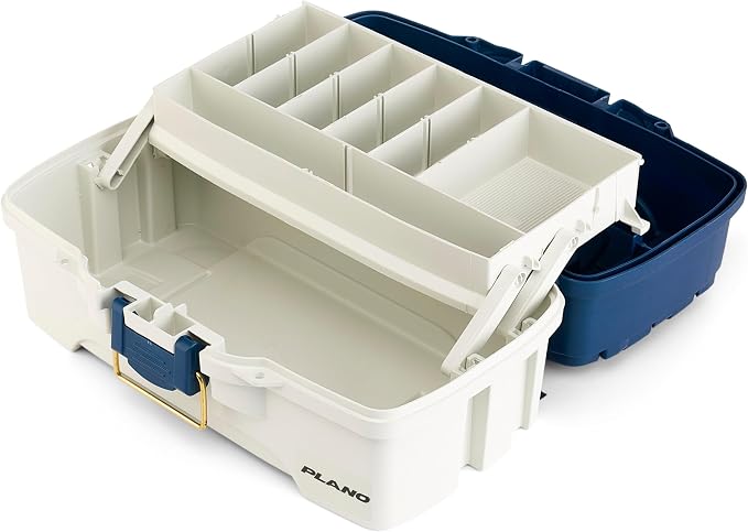 Plano One-Tray Tackle Box, Blue/White, Rust-Proof Brass Latch, Top-Access Tray with Deep Storage, Made in the USA, Portable Fishing Gear Storage Organizer