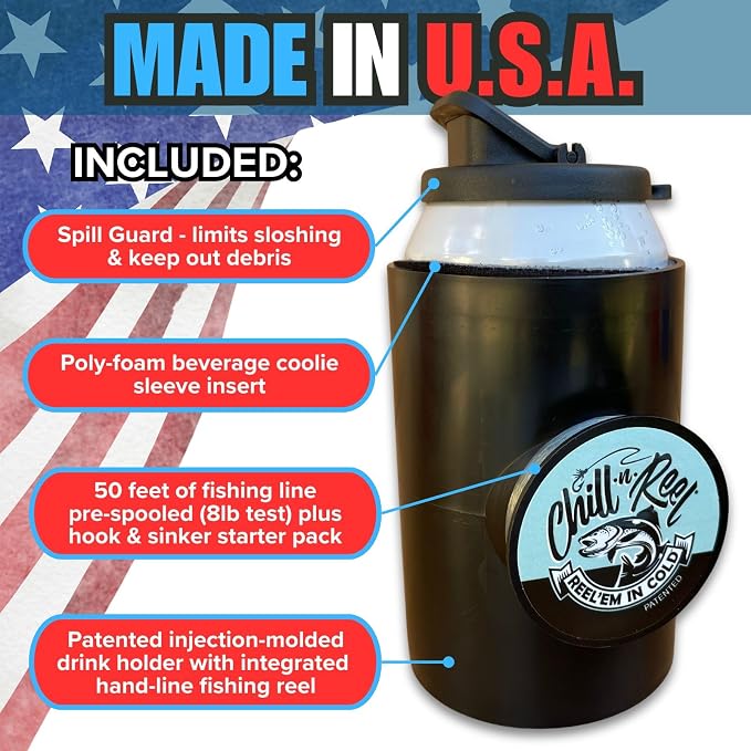 Made in USA | Fishing Can Cooler from Shark Tank | Hard Shell Drink Holder with Hand Line Reel | Fits Most Can Sleeves or Coozies | Unique Fishing Gift for Men | Retail Box Packaging | Black