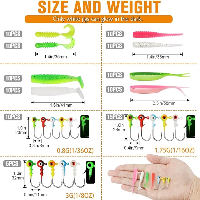 Dovesun Crappie Lures with Jig Heads Kit, Soft Plastic Grubs-Tube Baits 1/8oz 1/16oz 1/32oz Crappie Jigs Walleye Trout Bass Crappie Baits 95-120pcs