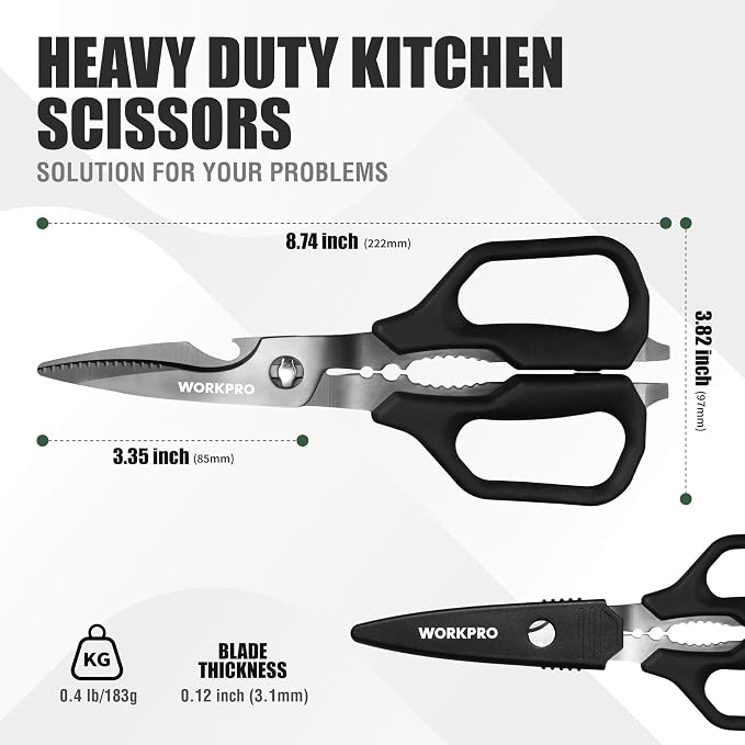 WORKPRO Kitchen Scissors, All Purpose Kitchen Shears with Detachable Stainless Steel Blades, Titanium Coated for Easy Cleaning, Heavy Duty for Meat, Fish, Nuts, Vegetables, Protective Cover Included