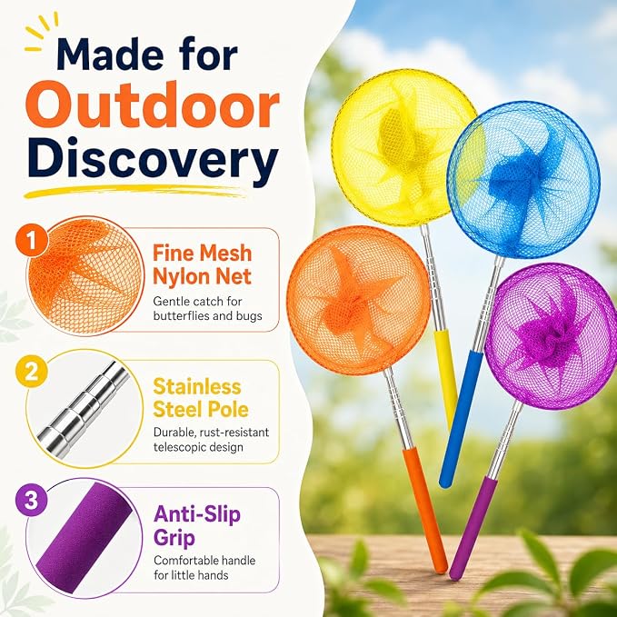 Kids Telescopic Butterfly Fishing Nets - RAINFLOW Anti Slip Grip Butterfly Catcher Catching for Kids Insect Net Colorful Outdoor Tools Catching Bugs Fish Insect Ladybird, Extendable 34 inches