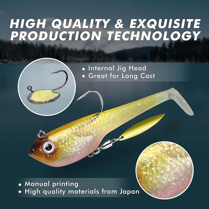 GOTOUR Pre-Rigged Soft Fishing Lures with Weedless Hook, Lifelike Paddle Tail Swimbaits for Bass Fishing, Freshwater & Saltwater Fishing Bait, Fishing Tackle for Bass, Pike, Trout, and Walleye